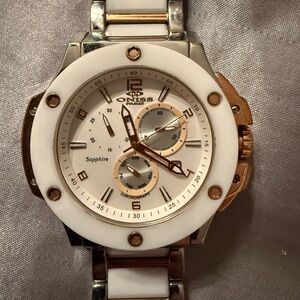 Men's White and Gold Chronograph Watch